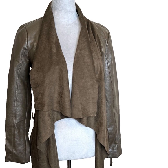 BNCI Blanc Noir Faux Leather Suede Jacket Size Small Brown Draped Scarf Coat - Picture 1 of 14